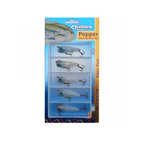 Gillies Saltwater 50mm 3.5g Floating Popper Lure 5 Pk Clear &gt;&lt;